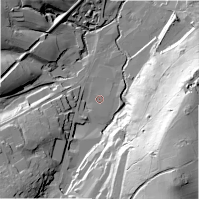 Shaded relief map of the ground around HD94FA, computed from Environment Agency LiDAR. The ground here sits at about 145 m above sea level and falls 96 m across the surrounding 800 m. Surface water reaching this point runs off ground lying to the south-south-west, 2.9 m higher.
