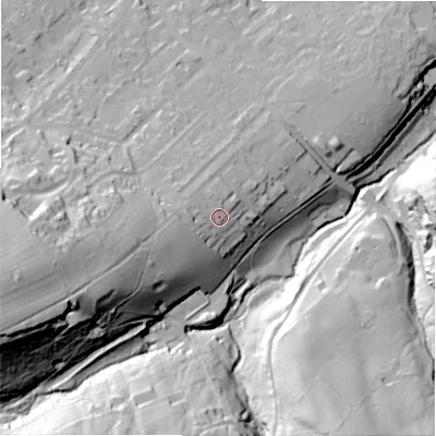 Shaded relief map of the ground around HD94HG, computed from Environment Agency LiDAR. The ground here sits at about 199 m above sea level and falls 81 m across the surrounding 800 m. Surface water reaching this point runs off ground lying to the west-south-west, 19.1 m higher.