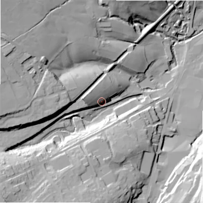 Shaded relief map of the ground around HD94NL, computed from Environment Agency LiDAR. The ground here sits at about 157 m above sea level and falls 53 m across the surrounding 800 m. Surface water reaching this point runs off ground lying to the north-west, 16.9 m higher.