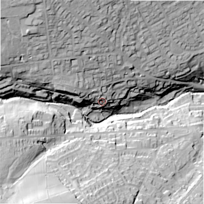 Shaded relief map of the ground around HD95LA, computed from Environment Agency LiDAR. The ground here sits at about 192 m above sea level and falls 67 m across the surrounding 800 m. Surface water reaching this point runs off ground lying to the north-west, 13.1 m higher.