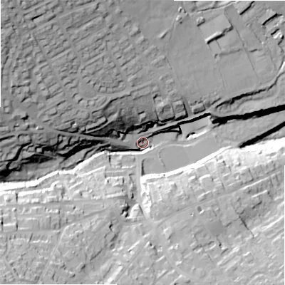Shaded relief map of the ground around HD95QP, computed from Environment Agency LiDAR. The ground here sits at about 164 m above sea level and falls 62 m across the surrounding 800 m. Surface water reaching this point runs off ground lying to the north-west, 52.5 m higher.