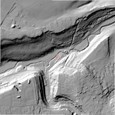 Shaded relief map of the ground around HD96JL, computed from Environment Agency LiDAR. The ground here sits at about 100 m above sea level and falls 64 m across the surrounding 800 m. Surface water reaching this point runs off ground lying to the west-north-west, 60.2 m higher.
