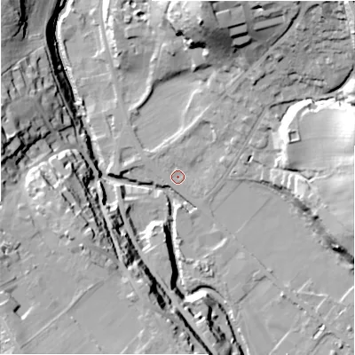 Shaded relief map of the ground around HD96JX, computed from Environment Agency LiDAR. The ground here sits at about 100 m above sea level and falls 45 m across the surrounding 800 m. Surface water reaching this point runs off ground lying to the north-east, 37.9 m higher.
