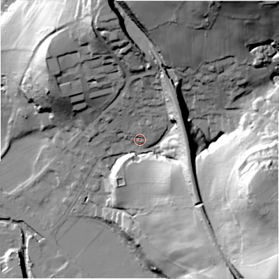 Shaded relief map of the ground around HD96LF, computed from Environment Agency LiDAR. The ground here sits at about 114 m above sea level and falls 79 m across the surrounding 800 m. Surface water reaching this point runs off ground lying to the north, 28.2 m higher.