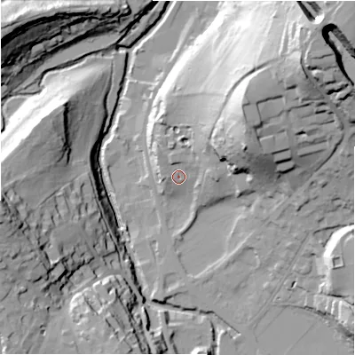 Shaded relief map of the ground around HD96LN, computed from Environment Agency LiDAR. The ground here sits at about 103 m above sea level and falls 69 m across the surrounding 800 m. Surface water reaching this point runs off ground lying to the north-east, 30.5 m higher.