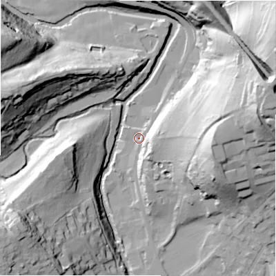 Shaded relief map of the ground around HD96LS, computed from Environment Agency LiDAR. The ground here sits at about 94 m above sea level and falls 67 m across the surrounding 800 m. Surface water reaching this point runs off ground lying to the east, 40.2 m higher.