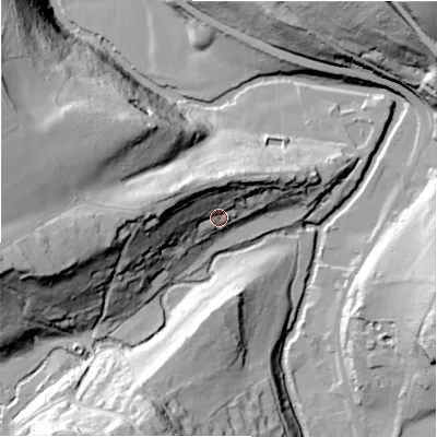 Shaded relief map of the ground around HD96LX, computed from Environment Agency LiDAR. The ground here sits at about 105 m above sea level and falls 57 m across the surrounding 800 m. Surface water reaching this point runs off ground lying to the north-west, 28.5 m higher.