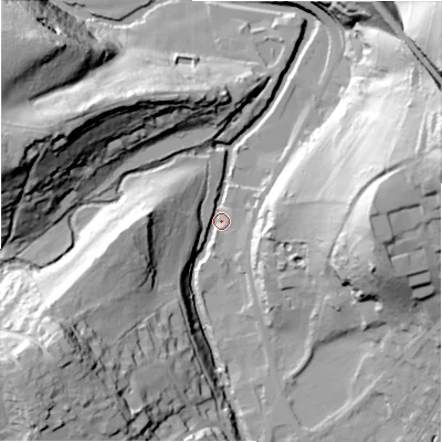 Shaded relief map of the ground around HD96NB, computed from Environment Agency LiDAR. The ground here sits at about 94 m above sea level and falls 61 m across the surrounding 800 m. Surface water reaching this point runs off ground lying to the south-west, 46.3 m higher.