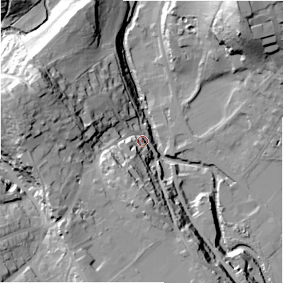 Shaded relief map of the ground around HD96PA, computed from Environment Agency LiDAR. The ground here sits at about 106 m above sea level and falls 46 m across the surrounding 800 m. Surface water reaching this point runs off ground lying to the south-south-west, 24.1 m higher.