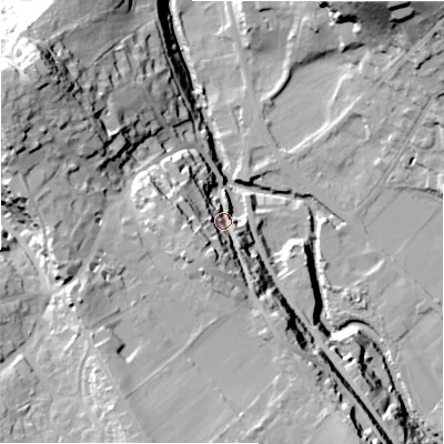 Shaded relief map of the ground around HD96PD, computed from Environment Agency LiDAR. The ground here sits at about 111 m above sea level and falls 46 m across the surrounding 800 m. Surface water reaching this point runs off ground lying to the south-south-west, 25.8 m higher.