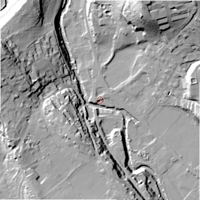 Shaded relief map of the ground around HD96PJ, computed from Environment Agency LiDAR. The ground here sits at about 101 m above sea level and falls 46 m across the surrounding 800 m. Surface water reaching this point runs off ground lying to the west-south-west, 2.7 m higher.