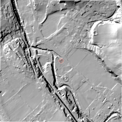 Shaded relief map of the ground around HD96PL, computed from Environment Agency LiDAR. The ground here sits at about 100 m above sea level and falls 46 m across the surrounding 800 m. Surface water reaching this point runs off ground lying to the south-east, 7.6 m higher.