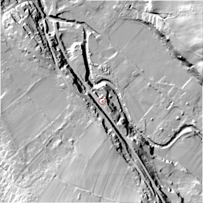 Shaded relief map of the ground around HD96PP, computed from Environment Agency LiDAR. The ground here sits at about 114 m above sea level and falls 52 m across the surrounding 800 m. Surface water reaching this point runs off ground lying to the south, 31.6 m higher.