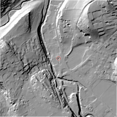 Shaded relief map of the ground around HD96PQ, computed from Environment Agency LiDAR. The ground here sits at about 98 m above sea level and falls 57 m across the surrounding 800 m. Surface water reaching this point runs off ground lying to the south, 2.7 m higher.
