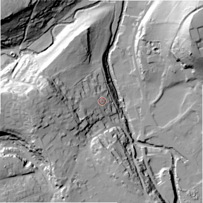 Shaded relief map of the ground around HD96PS, computed from Environment Agency LiDAR. The ground here sits at about 111 m above sea level and falls 48 m across the surrounding 800 m. Surface water reaching this point runs off ground lying to the west-south-west, 13.5 m higher.