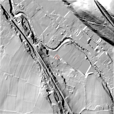 Shaded relief map of the ground around HD96PT, computed from Environment Agency LiDAR. The ground here sits at about 104 m above sea level and falls 79 m across the surrounding 800 m. Surface water reaching this point runs off ground lying to the south, 54.7 m higher.