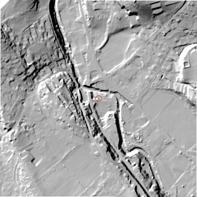 Shaded relief map of the ground around HD96PW, computed from Environment Agency LiDAR. The ground here sits at about 100 m above sea level and falls 44 m across the surrounding 800 m. Surface water reaching this point runs off ground lying to the south-south-east, 34.2 m higher.