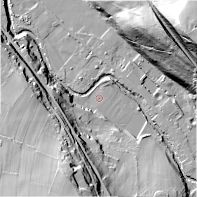 Shaded relief map of the ground around HD96QA, computed from Environment Agency LiDAR. The ground here sits at about 104 m above sea level and falls 79 m across the surrounding 800 m. Surface water reaching this point runs off ground lying to the south-south-west, 51.0 m higher.