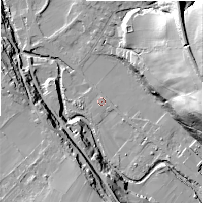 Shaded relief map of the ground around HD96QB, computed from Environment Agency LiDAR. The ground here sits at about 102 m above sea level and falls 52 m across the surrounding 800 m. Surface water reaching this point runs off ground lying to the east-south-east, 1.2 m higher.