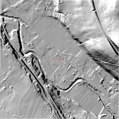 Shaded relief map of the ground around HD96QD, computed from Environment Agency LiDAR. The ground here sits at about 103 m above sea level and falls 72 m across the surrounding 800 m. Surface water reaching this point runs off ground lying to the east-south-east, 1.8 m higher.