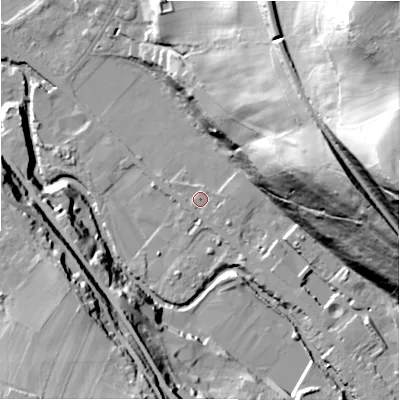 Shaded relief map of the ground around HD96QE, computed from Environment Agency LiDAR. The ground here sits at about 104 m above sea level and falls 80 m across the surrounding 800 m. Surface water reaching this point runs off ground lying to the south-east, 2.4 m higher.