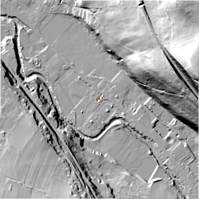 Shaded relief map of the ground around HD96QF, computed from Environment Agency LiDAR. The ground here sits at about 104 m above sea level and falls 80 m across the surrounding 800 m. Surface water reaching this point runs off ground lying to the north-east, 1.9 m higher.