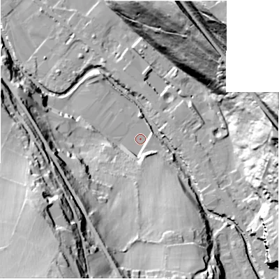 Shaded relief map of the ground around HD96QG, computed from Environment Agency LiDAR. The ground here sits at about 104 m above sea level and falls 78 m across the surrounding 800 m. Surface water reaching this point runs off ground lying to the south, 10.9 m higher.