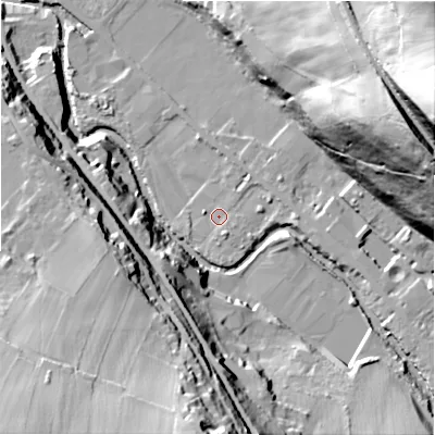 Shaded relief map of the ground around HD96QQ, computed from Environment Agency LiDAR. The ground here sits at about 103 m above sea level and falls 73 m across the surrounding 800 m. Surface water reaching this point runs off ground lying to the east-south-east, 4.5 m higher.