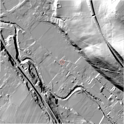 Shaded relief map of the ground around HD96QT, computed from Environment Agency LiDAR. The ground here sits at about 103 m above sea level and falls 76 m across the surrounding 800 m. Surface water reaching this point runs off ground lying to the south-east, 3.2 m higher.