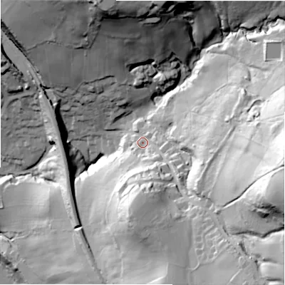 Shaded relief map of the ground around HD96QW, computed from Environment Agency LiDAR. The ground here sits at about 135 m above sea level and falls 104 m across the surrounding 800 m. Surface water reaching this point runs off ground lying to the east-south-east, 89.1 m higher.