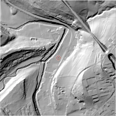 Shaded relief map of the ground around HD96QZ, computed from Environment Agency LiDAR. The ground here sits at about 93 m above sea level and falls 76 m across the surrounding 800 m. Surface water reaching this point runs off ground lying to the east, 54.9 m higher.