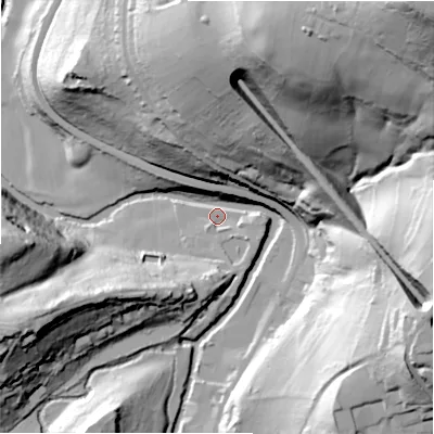 Shaded relief map of the ground around HD96RA, computed from Environment Agency LiDAR. The ground here sits at about 92 m above sea level and falls 113 m across the surrounding 800 m. Surface water reaching this point runs off ground lying to the north-east, 107.9 m higher.