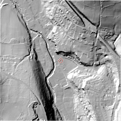 Shaded relief map of the ground around HD97AA, computed from Environment Agency LiDAR. The ground here sits at about 113 m above sea level and falls 78 m across the surrounding 800 m. Surface water reaching this point runs off ground lying to the north-east, 70.2 m higher.