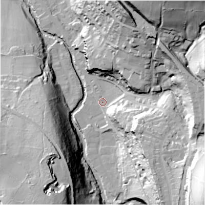 Shaded relief map of the ground around HD97AB, computed from Environment Agency LiDAR. The ground here sits at about 114 m above sea level and falls 72 m across the surrounding 800 m. Surface water reaching this point runs off ground lying to the south-east, 22.0 m higher.