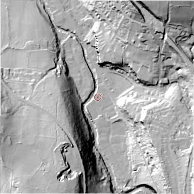 Shaded relief map of the ground around HD97AD, computed from Environment Agency LiDAR. The ground here sits at about 113 m above sea level and falls 64 m across the surrounding 800 m. Surface water reaching this point runs off ground lying to the south-east, 46.7 m higher.