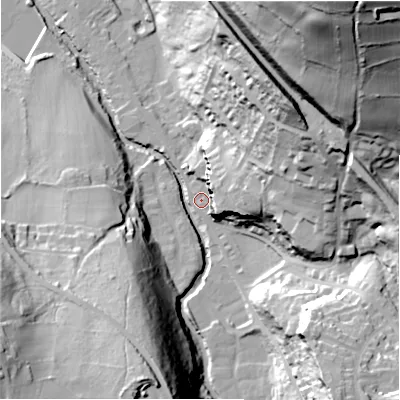 Shaded relief map of the ground around HD97AE, computed from Environment Agency LiDAR. The ground here sits at about 112 m above sea level and falls 93 m across the surrounding 800 m. Surface water reaching this point runs off ground lying to the north-east, 85.3 m higher.