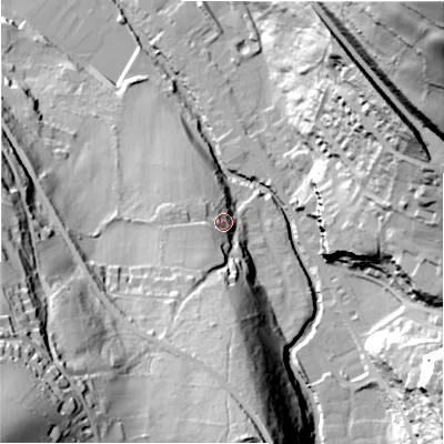 Shaded relief map of the ground around HD97AH, computed from Environment Agency LiDAR. The ground here sits at about 119 m above sea level and falls 97 m across the surrounding 800 m. Surface water reaching this point runs off ground lying to the south-south-west, 23.7 m higher.