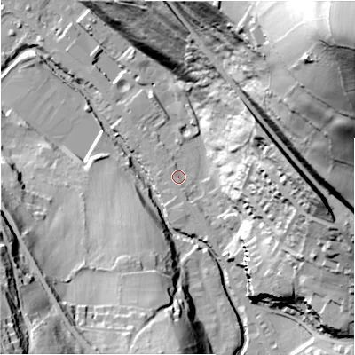 Shaded relief map of the ground around HD97AL, computed from Environment Agency LiDAR. The ground here sits at about 109 m above sea level and falls 123 m across the surrounding 800 m. Surface water reaching this point runs off ground lying to the south-south-east, 1.9 m higher.