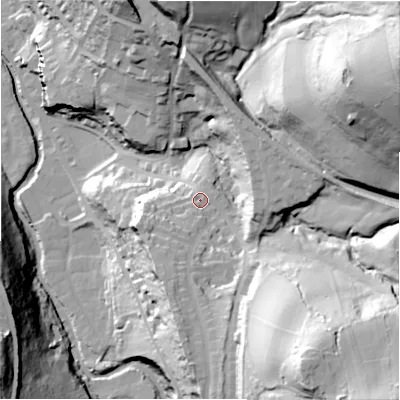 Shaded relief map of the ground around HD97AR, computed from Environment Agency LiDAR. The ground here sits at about 139 m above sea level and falls 102 m across the surrounding 800 m. Surface water reaching this point runs off ground lying to the south-south-east, 53.6 m higher.