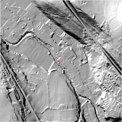 Shaded relief map of the ground around HD97AZ, computed from Environment Agency LiDAR. The ground here sits at about 108 m above sea level and falls 102 m across the surrounding 800 m. Surface water reaching this point runs off ground lying to the south-south-west, 33.8 m higher.