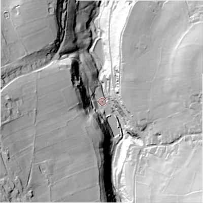Shaded relief map of the ground around HD97BA, computed from Environment Agency LiDAR. The ground here sits at about 161 m above sea level and falls 83 m across the surrounding 800 m. Surface water reaching this point runs off ground lying to the south-west, 74.7 m higher.