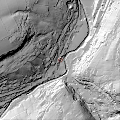 Shaded relief map of the ground around HD97BB, computed from Environment Agency LiDAR. The ground here sits at about 145 m above sea level and falls 94 m across the surrounding 800 m. Surface water reaching this point runs off ground lying to the west-north-west, 82.9 m higher.