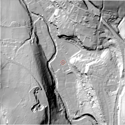 Shaded relief map of the ground around HD97BN, computed from Environment Agency LiDAR. The ground here sits at about 112 m above sea level and falls 64 m across the surrounding 800 m. Surface water reaching this point runs off ground lying to the east-south-east, 34.6 m higher.