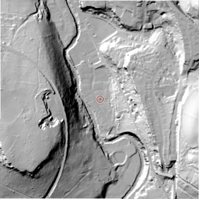 Shaded relief map of the ground around HD97BP, computed from Environment Agency LiDAR. The ground here sits at about 115 m above sea level and falls 71 m across the surrounding 800 m. Surface water reaching this point runs off ground lying to the south-east, 41.8 m higher.