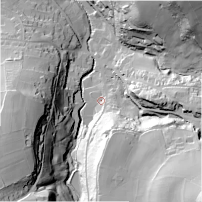 Shaded relief map of the ground around HD97BW, computed from Environment Agency LiDAR. The ground here sits at about 151 m above sea level and falls 86 m across the surrounding 800 m. Surface water reaching this point runs off ground lying to the south, 41.2 m higher.