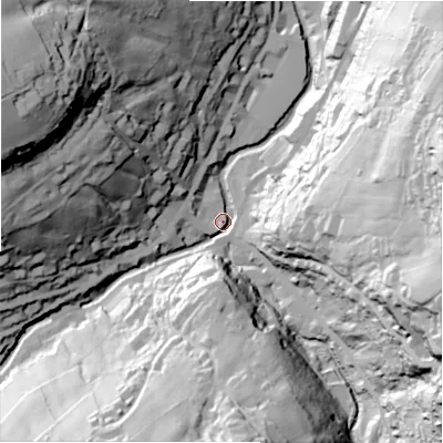 Shaded relief map of the ground around HD97DA, computed from Environment Agency LiDAR. The ground here sits at about 143 m above sea level and falls 95 m across the surrounding 800 m. Surface water reaching this point runs off ground lying to the west-north-west, 84.7 m higher.