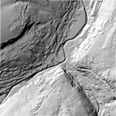 Shaded relief map of the ground around HD97DE, computed from Environment Agency LiDAR. The ground here sits at about 144 m above sea level and falls 94 m across the surrounding 800 m. Surface water reaching this point runs off ground lying to the north-west, 75.0 m higher.