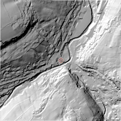 Shaded relief map of the ground around HD97DF, computed from Environment Agency LiDAR. The ground here sits at about 145 m above sea level and falls 94 m across the surrounding 800 m. Surface water reaching this point runs off ground lying to the north-west, 77.6 m higher.