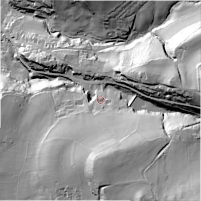 Shaded relief map of the ground around HD97DU, computed from Environment Agency LiDAR. The ground here sits at about 190 m above sea level and falls 97 m across the surrounding 800 m. Surface water reaching this point runs off ground lying to the south, 43.9 m higher.