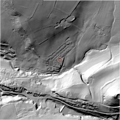 Shaded relief map of the ground around HD97DW, computed from Environment Agency LiDAR. The ground here sits at about 180 m above sea level and falls 112 m across the surrounding 800 m. Surface water reaching this point runs off ground lying to the north-north-west, 2.9 m higher.